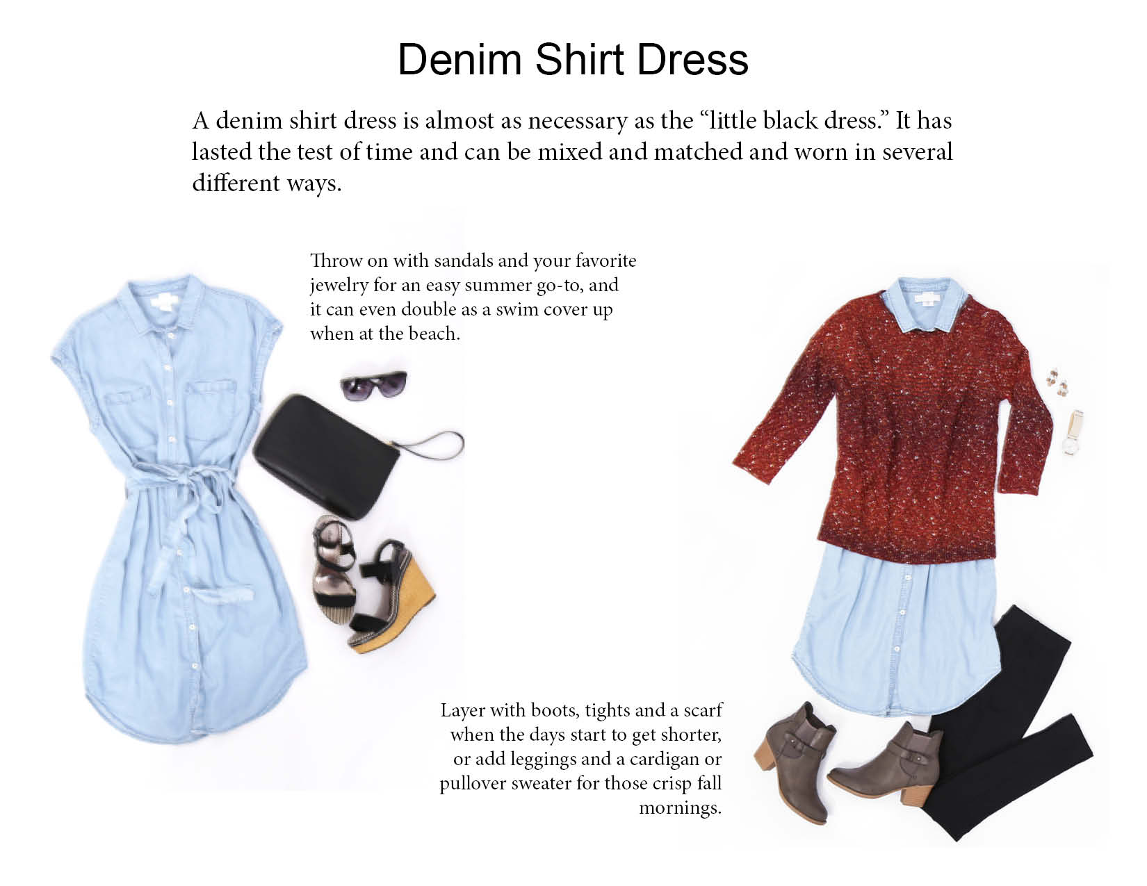 a denim dress is an essention in any wardrobe. Cute with sandles in the heat and layered under a sweater in cooler months.