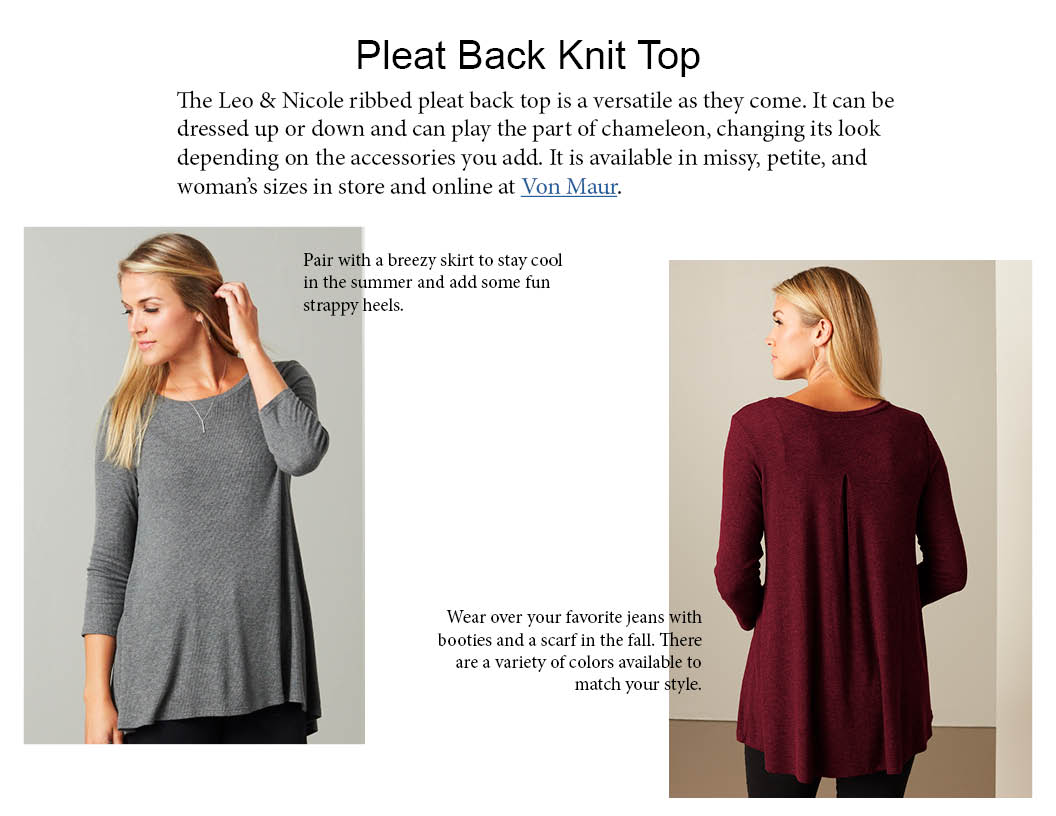 Leo & Nicole pleat back tee can be dressed up or down and pairs with summer and fall bottoms.
