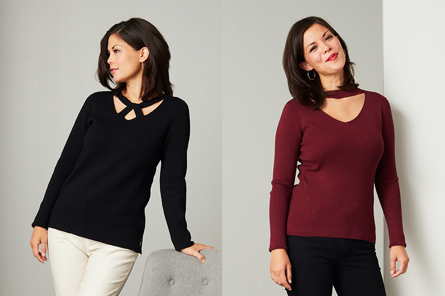 Leo & Nicole black sweater with neck detail and red choker neck sweater