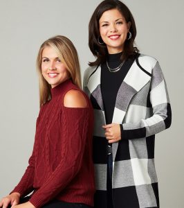 red cold shoulder sweater and black and white plaid open cardigan