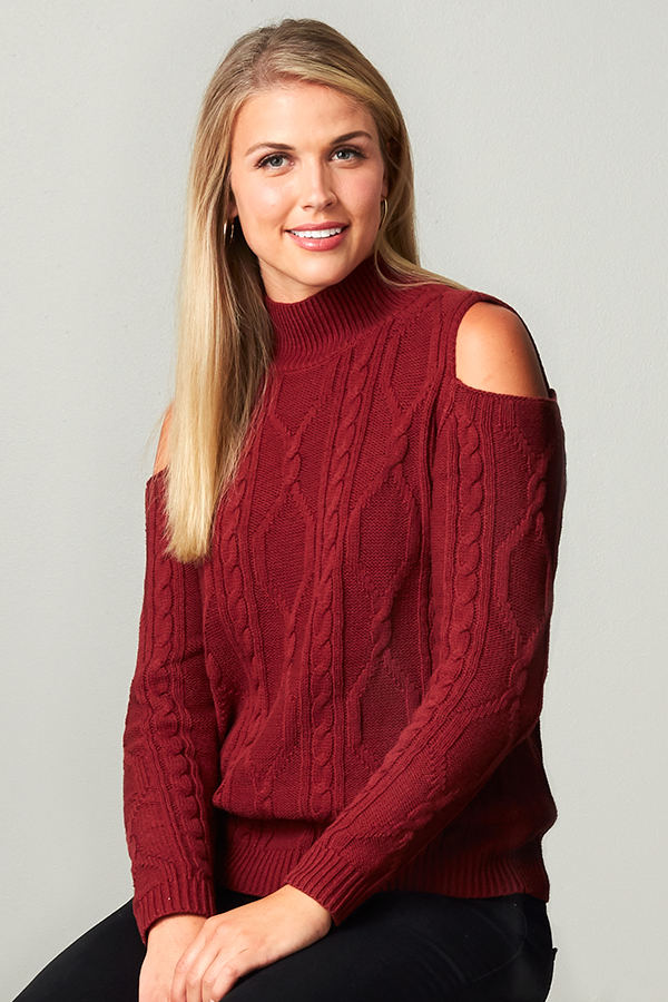 cold shoulder Red cable pullover