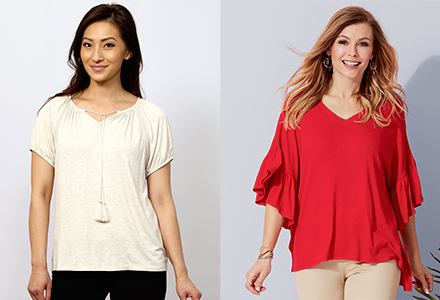 models wearing peasant top and ruffle sleeve v neck