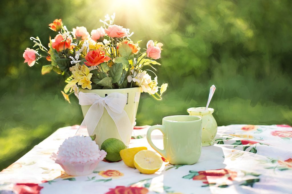 table top in garden with potted flowers and mug