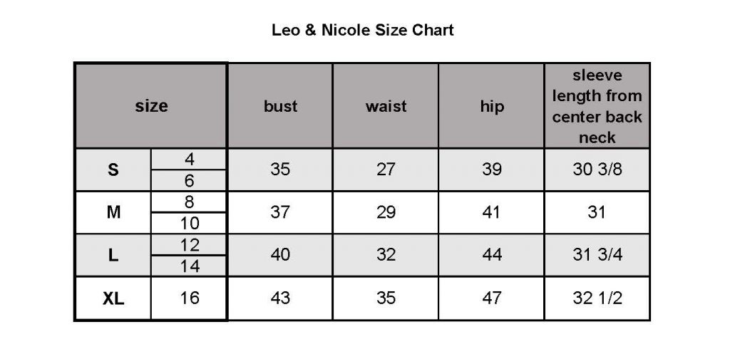 Size chart for Leo & Nicole clothing