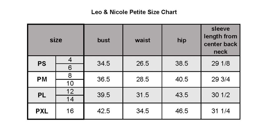 size chart for Leo & Nicole Petite sizes